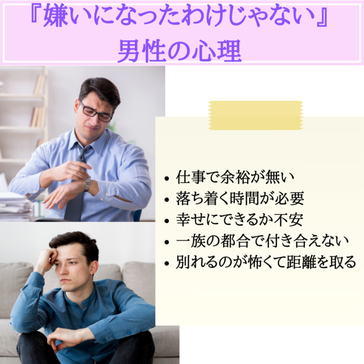 嫌いになったわけじゃない　男性の心理　仕事で余裕が無い　落ち着く時間が必要　幸せにできるか不安　一族の都合で付き合えない　家族の都合で付き合えない　別れるのが怖くて距離を取る