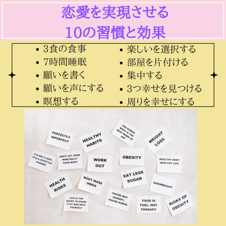 恋愛を実現させる 10の習慣と効果　3食の食事 7時間睡眠 願いを書く 願いを声にする 瞑想する　楽しいを選択する 部屋を片付ける 集中する 3つ幸せを見つける 周りを幸せにする