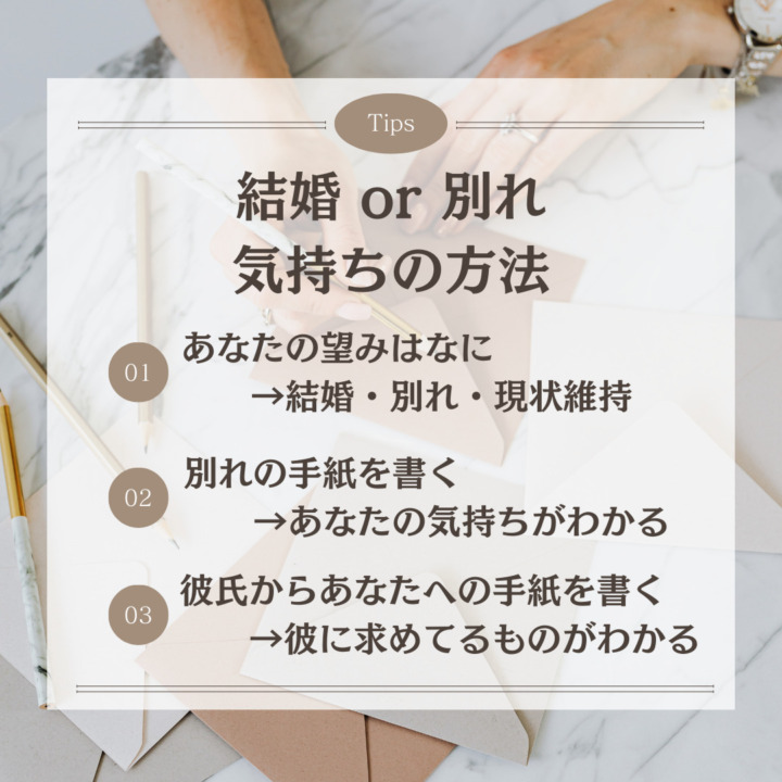 【後悔する前に】結婚や別れる理由を確認する 結婚 or 別れ 気持ちの方法 あなたの望みはなに 　　→結婚・別れ・現状維持 別れの手紙を書く 　　→あなたの気持ちがわかる 彼氏からあなたへの手紙を書く 　　→彼に求めてるものがわかる