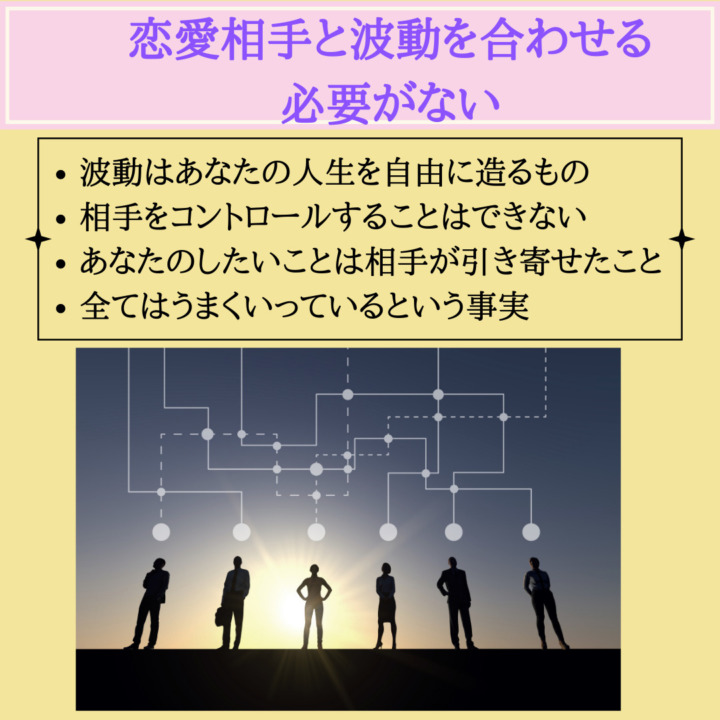 恋愛相手と波動を合わせる必要がない　波動はあなたの人生を自由に造るもの 相手をコントロールすることはできない あなたのしたいことは相手が引き寄せたこと 全てはうまくいっているという事実