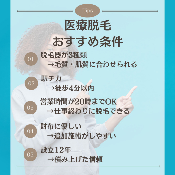 【結論】医療脱毛なら2択 医療脱毛おすすめ条件 脱毛器が3種類 　→毛質・肌質に合わせられる 駅チカ 　→徒歩4分以内 営業時間が20時までOK 　→仕事終わりに脱毛できる 財布に優しい 　→追加施術がしやすい 設立12年 　→積み上げた信頼