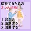 34歳女性の婚活は手遅れじゃない。1年以内に婚約できる結婚相談所 結婚するための３つの行動 1.出会う 2.理解する 3.決断する