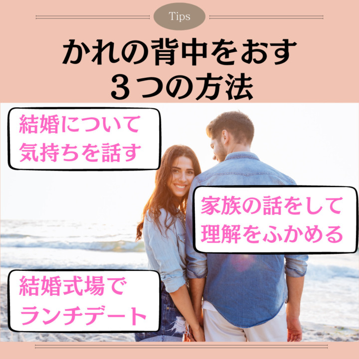 かれの背中をおす ３つの方法 結婚について 気持ちを話す 家族の話をして 理解をふかめる 結婚式場で ランチデート